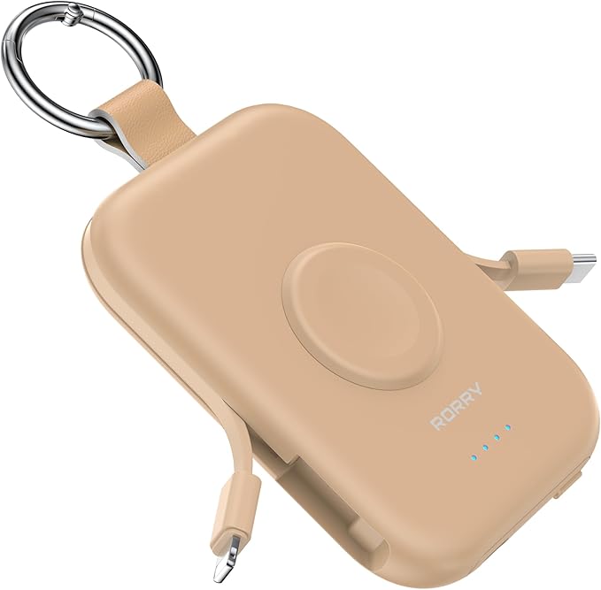 RORRY CharmGo Portable Charger, 5000mAh Portable Charger Power Bank with Built-in Cables, Travel Keychain Battery Pack for Apple Watch and iPhone Air/17/16/15/14/13/12, Honey Beige