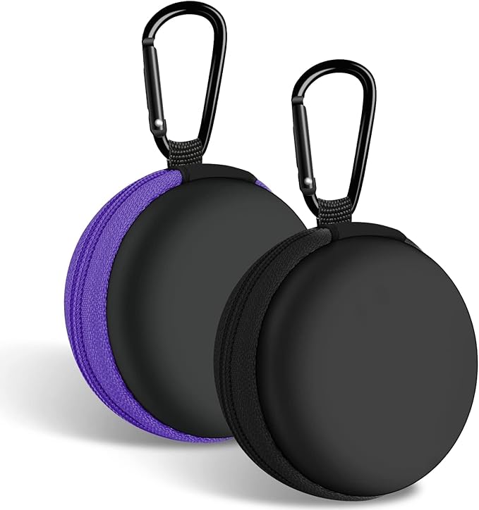 2Pack Round Earbud Case Portable EVA Carrying Case Storage Bag Cell Phone Accessories Organizer with Carabiner for Earphone, Earbud, Earpieces, SD Memory Card, Camera Chips, Black/Purple