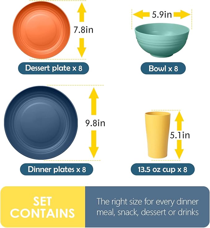 Teivio 32-Piece Kitchen Plastic Wheat Straw Dinnerware Set, Service for 8, Dinner Plates, Dessert Plate, Cereal Bowls, Cups, Unbreakable Colorful Plastic Outdoor Camping Dishes, Autumn Multicolor