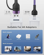 4 in 1 Charging Cable 2Pack 6.6ft 60W Fast Charging USB C Cable 20W iPhone Charger Cord Lightning Cable Multi Charging Cable with Lightning/Type C/USB A Port for iPhone 16 15 14/Samsung/iPad/MacBook