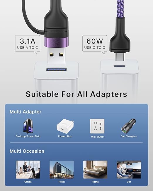 4 in 1 Charging Cable 2Pack 6.6ft 60W Fast Charging USB C Cable 20W iPhone Charger Cord Lightning Cable Multi Charging Cable with Lightning/Type C/USB A Port for iPhone 16 15 14/Samsung/iPad/MacBook