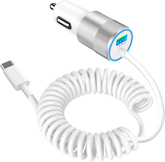 [Apple MFi Certified] iPhone 16 Fast Car Charger, Caiinei 75W PD&QC USB-C Car Power Cigarette Lighter USB-C Car Carplay Charger with 6FT Coiled Type-C Cable for iPhone 16 Pro/16 Pro Max/15/15 Pro/iPad