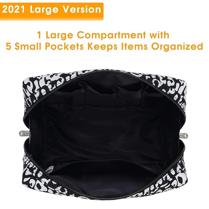 Narwey Cute Cheetah Makeup Bag Travel Cosmetic Bag Organizer Toiletry Bag Make Up Bags with Compartments for Women (Large, Black Leopard-1)