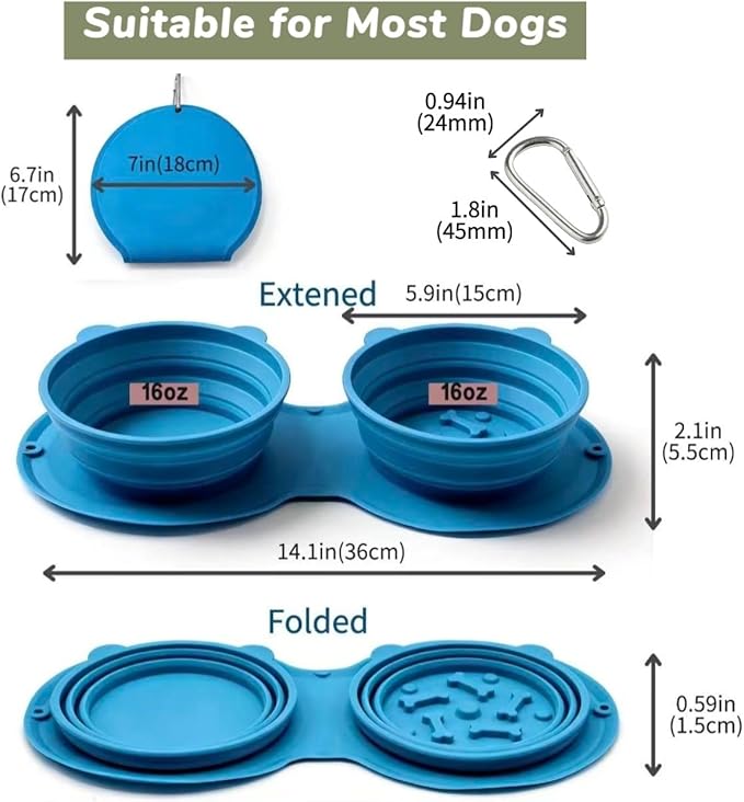 Foldable Dog Travel Bowl with Carabiner Clip, Portable Pet Water Bowl for Hiking Camping Walking, Collapsible Silicone Outdoor Dog Bowl, Space Saving Food & Water Dish for Puppy (Blue)