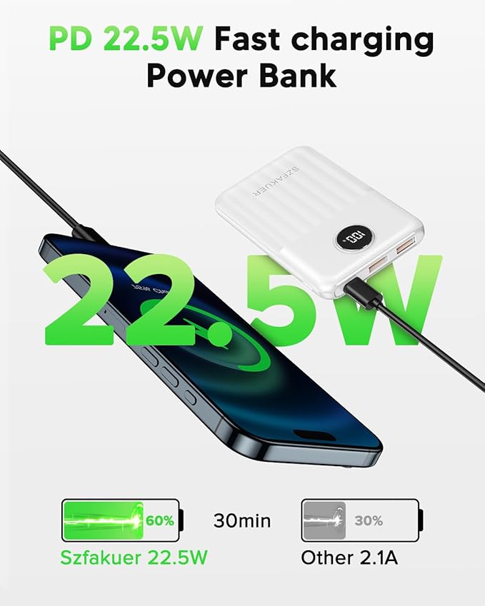 Portable Charger,Ultra Slim 10000mAh 22.5W Power Bank,USB C in/Output Fast Charging Mini Battery Pack Compatible with iPhone 17 16 15 14 Samsung S23 S22 S21 Google iPad etc (White)