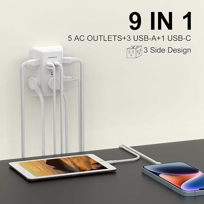 USB Wall Charger, POWERIVER Multi Outlet Extender Surge Protector with 4 USB Ports, 1680J Wall Outlet Adapter Spaced for Home School Office, ETL Listed, White