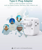 European Travel Plug Adapter, Addtam International Power Adapter with 3 Outlets 3 USB Charging Ports(2 USB C), Type C Adapter Travel Essentials to Most Europe EU Spain Italy France