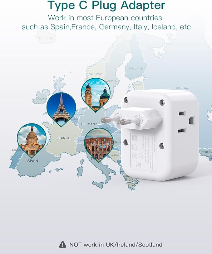 European Travel Plug Adapter, Addtam International Power Adapter with 3 Outlets 3 USB Charging Ports(2 USB C), Type C Adapter Travel Essentials to Most Europe EU Spain Italy France