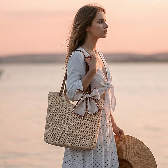 Peicees Crochet Beach Bag Purse, Boho Woven Tote with Leak-Proof Lining For Summer Vacation Travel Casual Shoulder Bag Soft