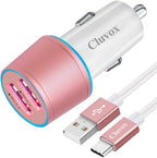 Fast USB Car Charger for Samsung Galaxy A56/A55/A54/A53/A50/A17/A16/A15/A14/S26/S25/S24/S23/S22 Plus/Ultra/Note 20/A21/A31/A51 Quick Charge 3.0 Dual USB Rapid Car Charger with Type C Cable 3.3ft-Pink