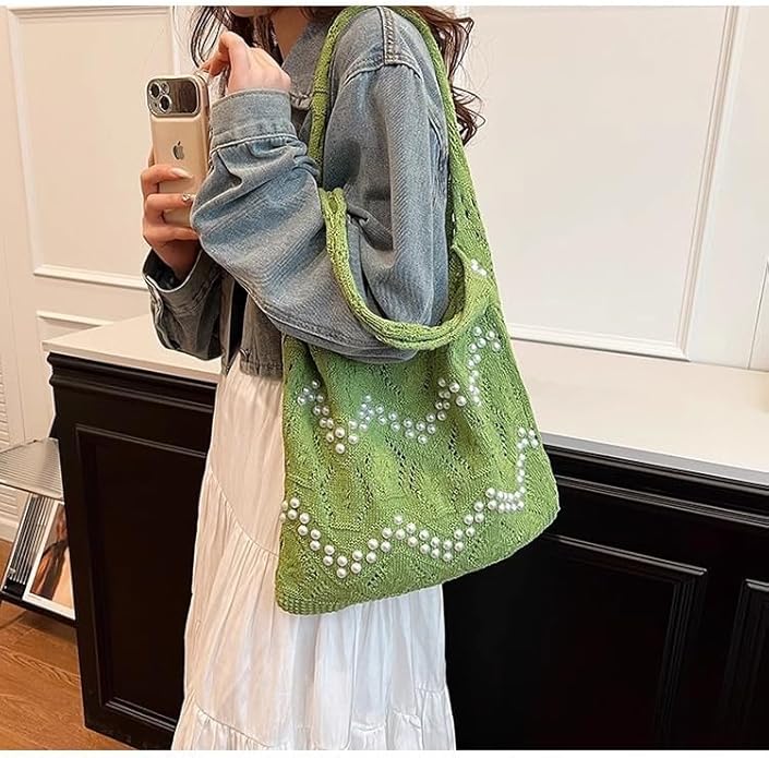 Boho Crochet Beach Tote Shoulder Bag with Colored Beads | Colorful Aesthetic Hippie Knit Bag for Women