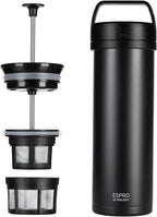 ESPRO Go P0 Ultralight French Press Coffee Maker for Travel, Vacuum Insulated Stainless Steel, 16 Ounces, Matte Meteorite Black
