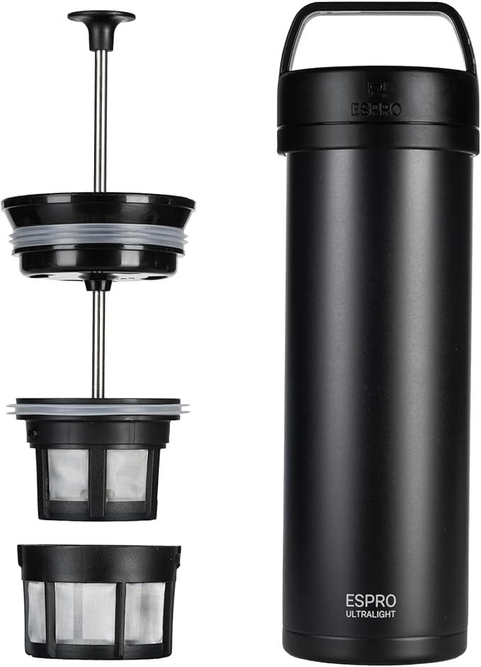 ESPRO Go P0 Ultralight French Press Coffee Maker for Travel, Vacuum Insulated Stainless Steel, 16 Ounces, Matte Meteorite Black
