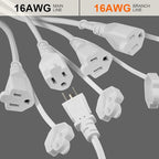 4 Way Outlet Splitter - White 2-Pack 90-Degree Angled Flat Plug 1 to 4 Extension Cable Power Strip, 16/3 Gauge 1.5FT, 3 Prong Y Style Multi Outlet Splitter, Perfect for Wall Wart Adapters