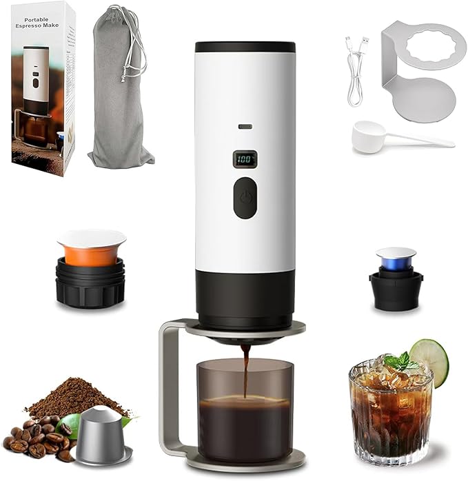 3-in-1 Portable Coffee Maker, 15 Bar Portable Espresso Machine with LED Display and 90ml Sink, Compatible with Ground Coffee & Capsules(Ns&DG) for RV, Hiking, Office, Auto-Heating, USB-C (White)