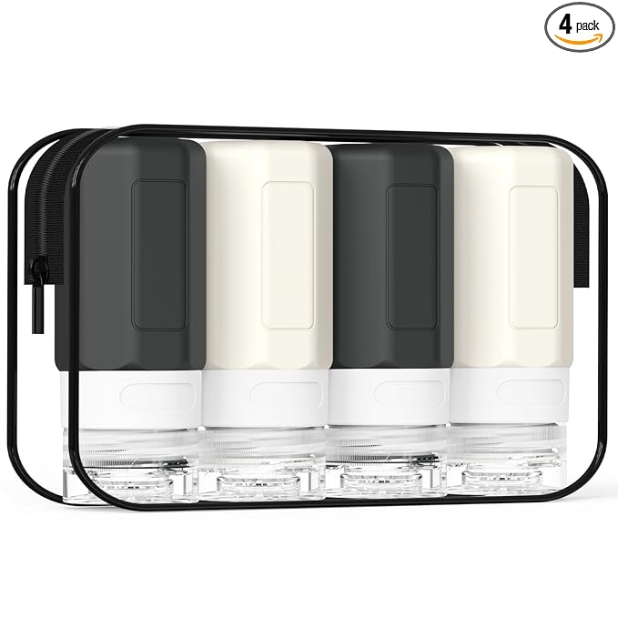 2 oz Travel Bottles, Small Size Containers, TSA Approved Silicone Travel Toiletries Bottles, Shampoo and Conditioner Kit for Women (Black-white)