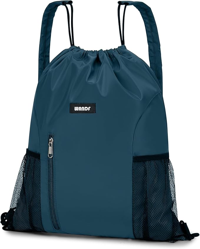 WANDF Drawstring Backpack with Shoulder Pad Sports Gym Backpack with Mesh Pocket String Bag for Women Men (Blue-Green)