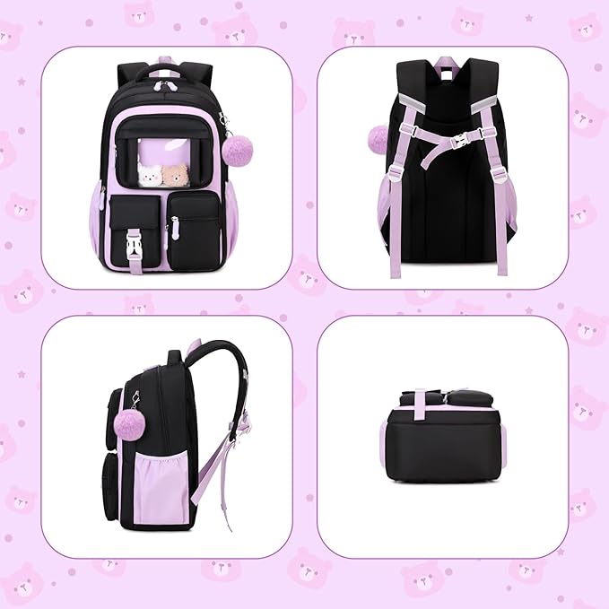 PIG PIG GIRL Kids Backpack for Girls School Bags for Middle School Students Book Bag for Elementary Primary Kawaii Ita Backpack, Black and Purple