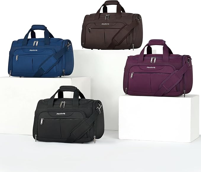 Hanke Small Travel Duffel Bag, Under Seat Carry On Personal Item Bag with 11 Pockets, Lightweight Water Resistant Foldable Weekender Bag with Trolley Sleeve for Travel Gym Daily Use（Coffee）