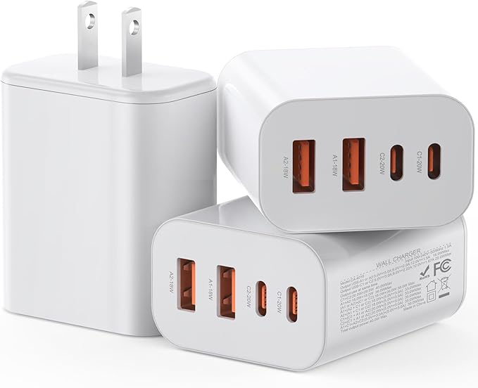 USB C Charger Block, 3-Pack 40W Wall Plug Fast Charging Block, 4-Port PD + QC Power Adapter Type C Charging Blocks Cube, Compatible with iPhone 17/17 Pro/17Pro Max/16/15/14/13/12/11, Tablets（White）
