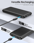 Power Bank 10000mAh Portable Charger, Slimmer Battery Pack 5V/3A with USB C Input & Output, Travel Essentials Powerbank Compatible for iPhone, Galaxy, LG, Sony, Pixels, Tablets and More (Black)