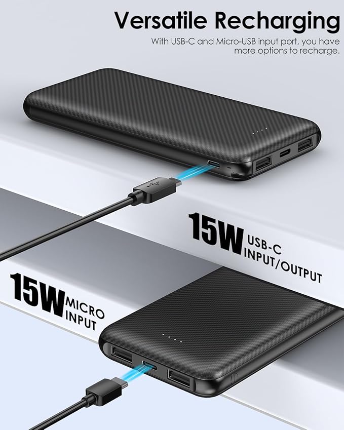 Power Bank 10000mAh Portable Charger, Slimmer Battery Pack 5V/3A with USB C Input & Output, Travel Essentials Powerbank Compatible for iPhone, Galaxy, LG, Sony, Pixels, Tablets and More (Black)