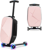Scooter Luggage For Kids & Adults， Hardside Ride On Suitcase For Kids Ages 4-15 Multifunctional Lightweight Foldable Carry On Luggage With Wheels Ride On For Children Teenagers (Light Pink, 20")