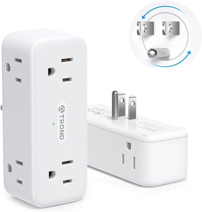 TROND Multi Plug Outlet Extender 2 Pack - 6 AC Outlet Splitter with 360° Rotating Plug, Wall Plug Adapter, 3 Way Multiplug Expander, Swivel Wall Extension Adapter for Bathroom Kitchen Office Travel