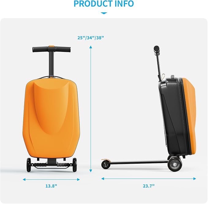 TABU 21" 3-D Hardshell Scooter Suitcase for Kid & Adult, Foldable Carry-on Scooter Luggage with Telescopic Handle, Multifunctional Lightweight Traveling Suitcase for Age 4-15, Orange