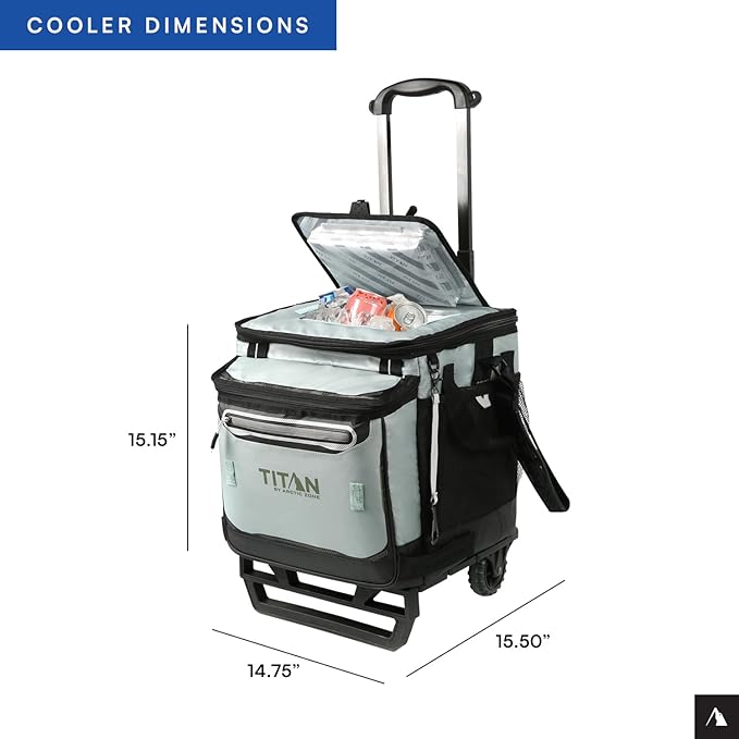 Titan by Arctic Zone Collapsible Wheeled Soft Sided Cooler with Detachable Rolling AT Cart, Insulated Bag with Leak Proof Lining, for Travel, Beach, Picnic, 60 Can Capacity