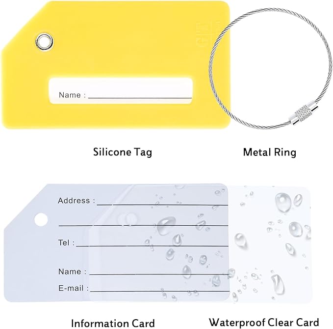 10 Pack Silicone Luggage Tag for Suitcases with Stainless Loop, TSA Approved, Privacy Protection Travel Essentials Bag Tags by Gostwo, Yellow