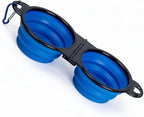 Collapsible Dog Bowls with Carabiner, Double Portable Travel Pet Bowls for Food and Water, Foldable Silicone Dog Bowl for Walking, Hiking, Camping, Small Medium Dogs and Cats, Blue
