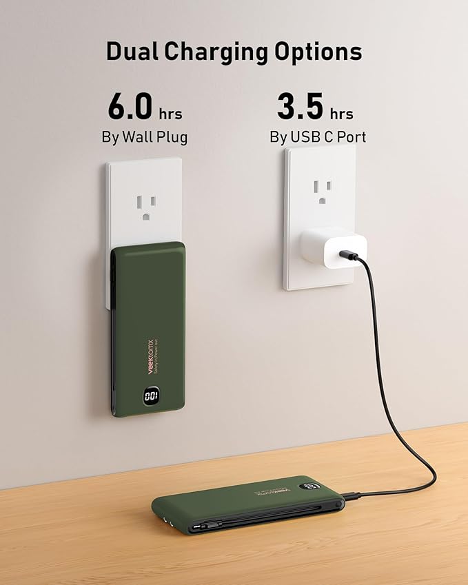 Portable Charger Power Bank Built in Cables and Wall Plug, 10000mAh iPhone Battery Pack Fast Charging, USB C External Slim Power Bank, Travel Essentials Compatible with iPhone 17 16 15 14 iPad, Green