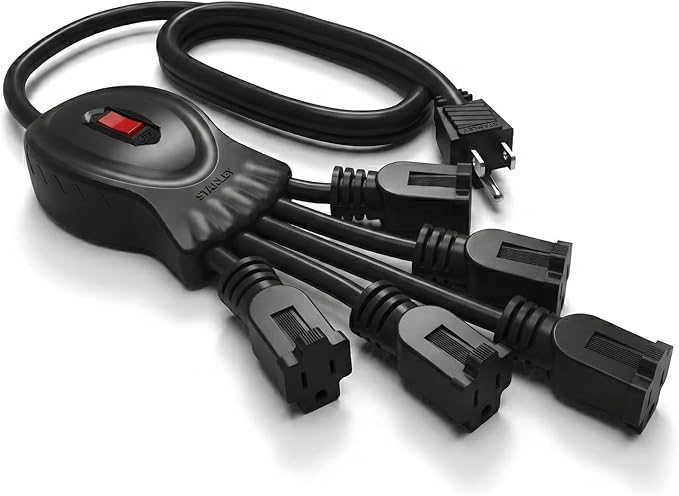 STANLEY PowerSquid 5 Outlet Multiplier Cord 3 Ft 125V/15A 1875W Power Cord Splitter 14/3 AWG Cable Extension Cord 3 Prong AC Black Power with Circuit Breaker for Monitor Computer TV Laptop