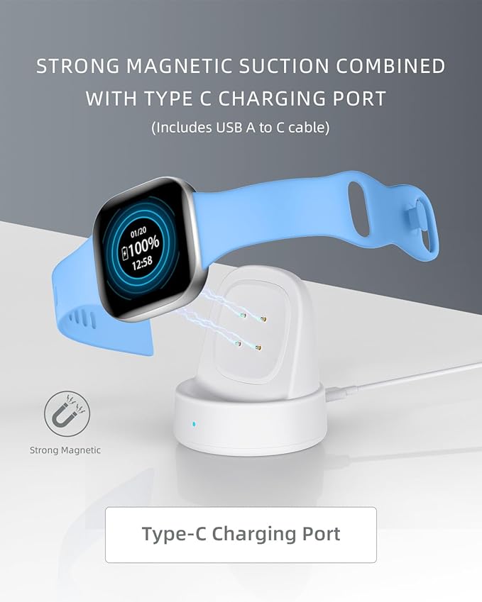 Charger Dock for Fitbit Sense/Sense 2/Versa 3/Versa 4, Charger Replacement Upgraded Magnetic Watch Charger Stand with Charging Cable, Accessories for Fitbit,White