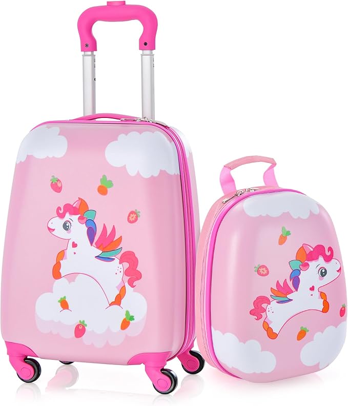 Goplus 2PC Kids Luggage, 12" & 16" Kids Carry On Luggage Set with 4 Spinner Wheels, Lightweight Rolling Spinner Suitcase for Children Toddlers Boys and Girls Travel