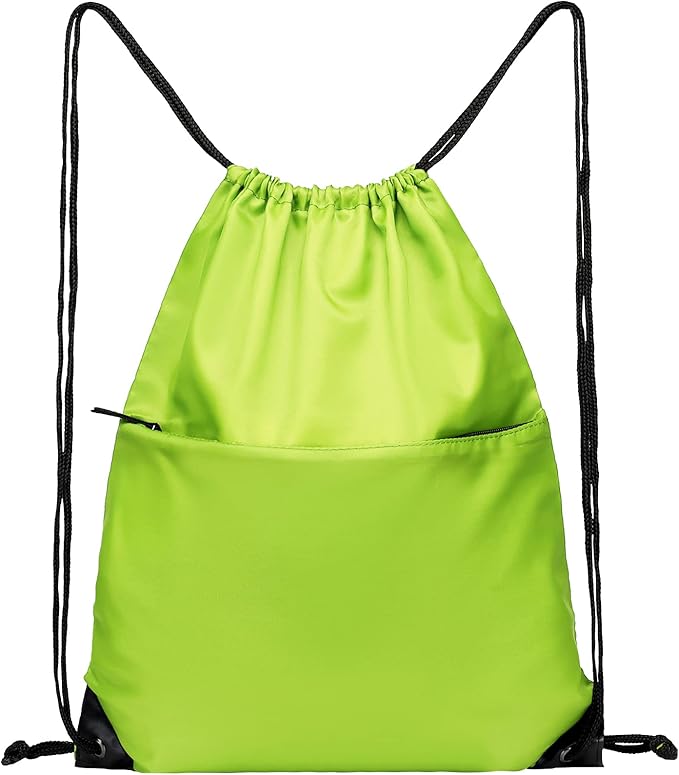 Drawstring Backpack Sports Water Resistant String Bag Sport Gym Sackpack for Women Men Large with Zipper, Apple Green
