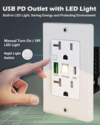 PD USB Outlet with Light,20W Power Delivery USB Receptacle with Night Light, 20A Tamper-Resistant Wall Outlet, Fast Charging Type A & USB-C Charger for Smartphones, Laptops, Tablets (1, White)