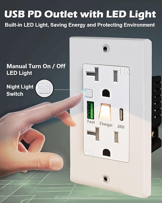 PD USB Outlet with Light,20W Power Delivery USB Receptacle with Night Light, 20A Tamper-Resistant Wall Outlet, Fast Charging Type A & USB-C Charger for Smartphones, Laptops, Tablets (1, White)