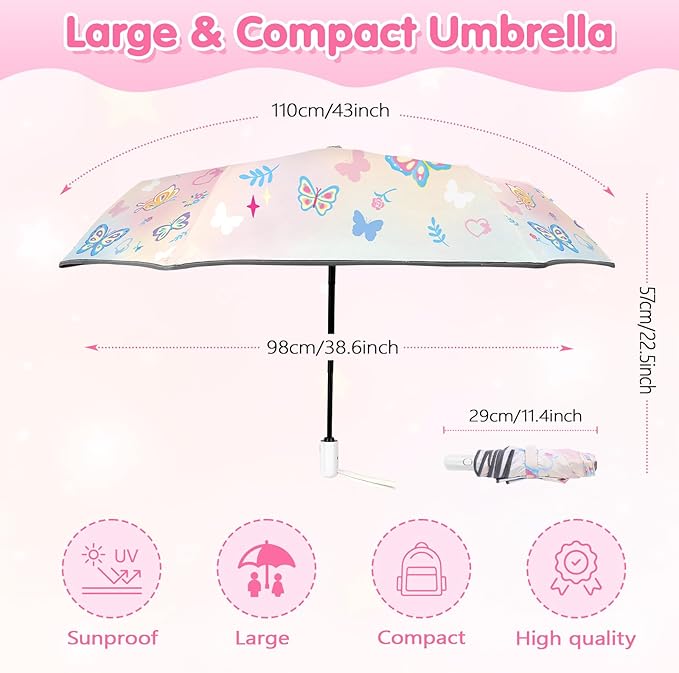 Kids Folding Umbrella Auto Open/Close Umbrellas for Rain Round Corner Safe Design UV Resistant Automatic Children Travel Umbrellas Reinforced Canopy 360° Reflective Strip Lightweight for Girls & Boys