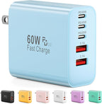 USB C Charger Block, 60W 5-Port Type C Charger Fast Charging Block, USBC USB Multiple Port Wall Charger Plug Adapter for iPhone 17/Air/16/15/14/13/12/11 Pro Max, Samsung Galaxy, iPad, Tablet (Blue)
