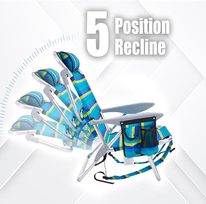 2 Pack Lightweight Portable Recliners Chair for Adults, Outdoor Lay Flat Folding Beach Chairs with 5 Positions, Backpack Beach Chair with Towel Bar, Zipper Pouch, Cup Holder, NEW Striped