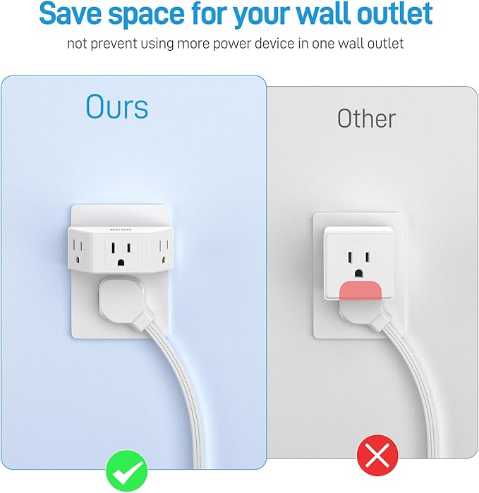 BEVA 2 Pack Small Electric Outlet Adapter, Multi Plug Wall Outlet Extender, 3 Prong Adapter 3 AC Plug Extender for Travel Cruise Ship Dorm Room Essentials