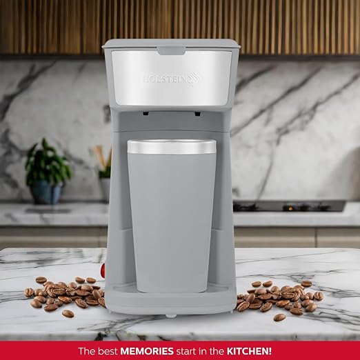Holstein Housewares Personal Coffee Maker with 14oz Travel Mug – Compact One-Touch Brew Machine with Reusable Filter, Auto Shut-Off, Non-Stick Plate, Ideal for Home, Office, or Dorm. Grey