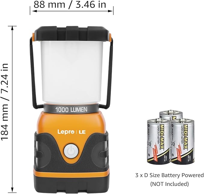 Lepro 1000LM Battery Powered LED Camping Lantern, Orange Tent Light with 4 Light Modes, Camping Essentials, Waterproof Lantern Flashlight for Camping, Emergency Light, Power Outage, Not Rechargeable
