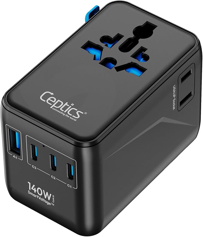 Ceptics 6 in 1 International Power Adapter with PD 140W USB-C, 1x USB-A, 3X Type C, Universal Input and 1x USA/JP Input with Type A, C, G, I Plug outlets for Global Travel – CE & RoHS Certified