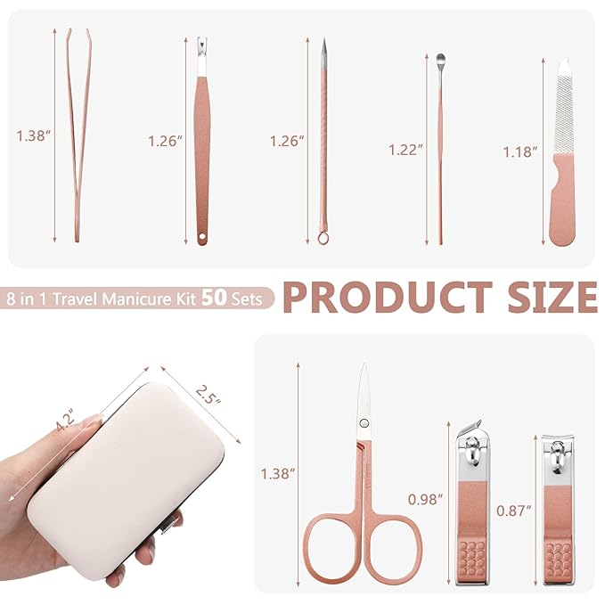 Geosar 50 Set 8 in 1 Travel Manicure Kit Bulk Professional Nail Clippers Pedicure Nail Care Tools Grooming Stainless Steel Set with Portable Travel Case, Gift for Valentine Men Women(Rose Gold)