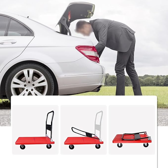 Hand Truck Folding Platform Truck Plastic Deck and Metal Handle Hand Cart with Wheels Foldable Push Trolley for Luggage Parcel Tools Moving Folding Cart