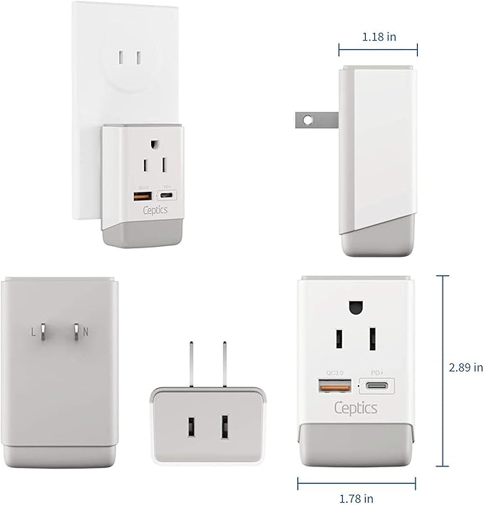 Ceptics Japan, Philippines Power Travel Plug Adapter, QC 3.0 & PD, Safe Dual USB & USB-C - 2 USA Socket Compact & Powerful - USA 3 Pin Polarized to 2 Prong Unpolarized - Type A - AP-6 Fast Charging