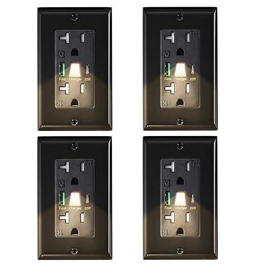 PD USB Outlet with Light,20W Power Delivery USB Receptacle with Night Light, 20A Tamper-Resistant Wall Outlet, Fast Charging Type A & USB-C Charger for Smartphones, Laptops, Tablets (4, Black)